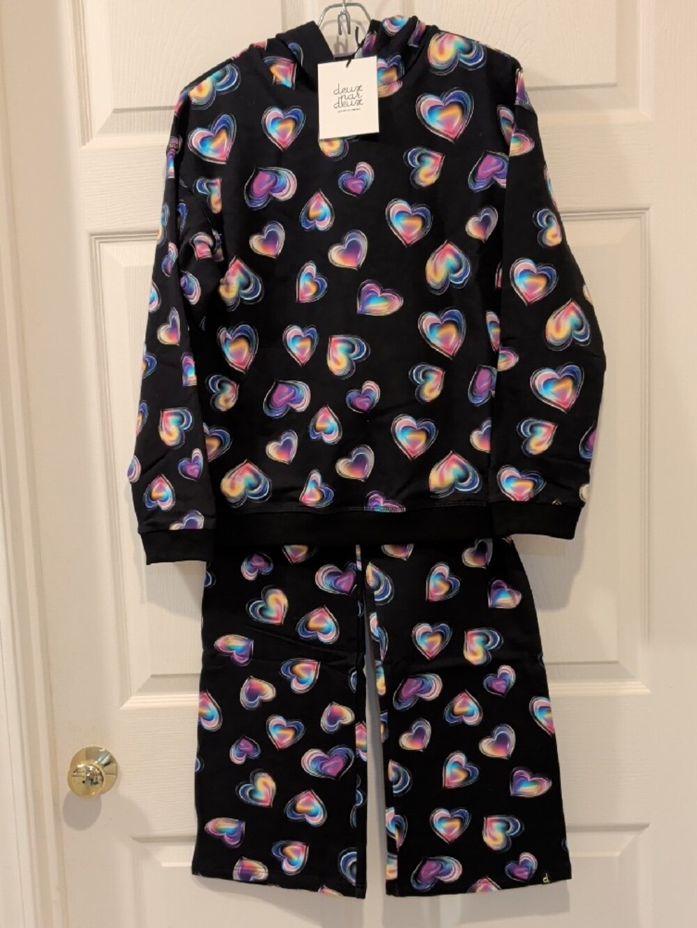 deux par deux Black Hoodie & Bottoms with Rainbow Hearts is cozy & cheerful! NWT